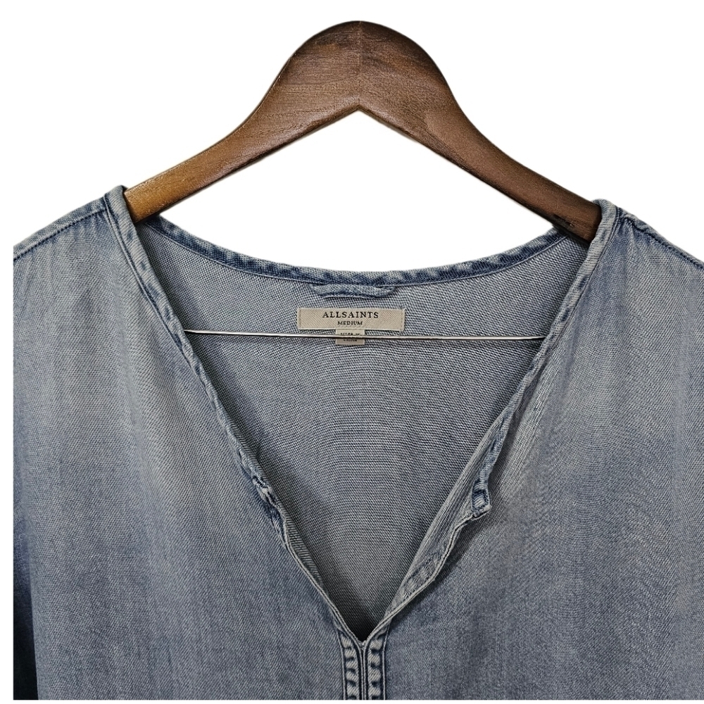 All Saints casual denim blue short sleeve v-neck shift dress size medium - Picture 2 of 12